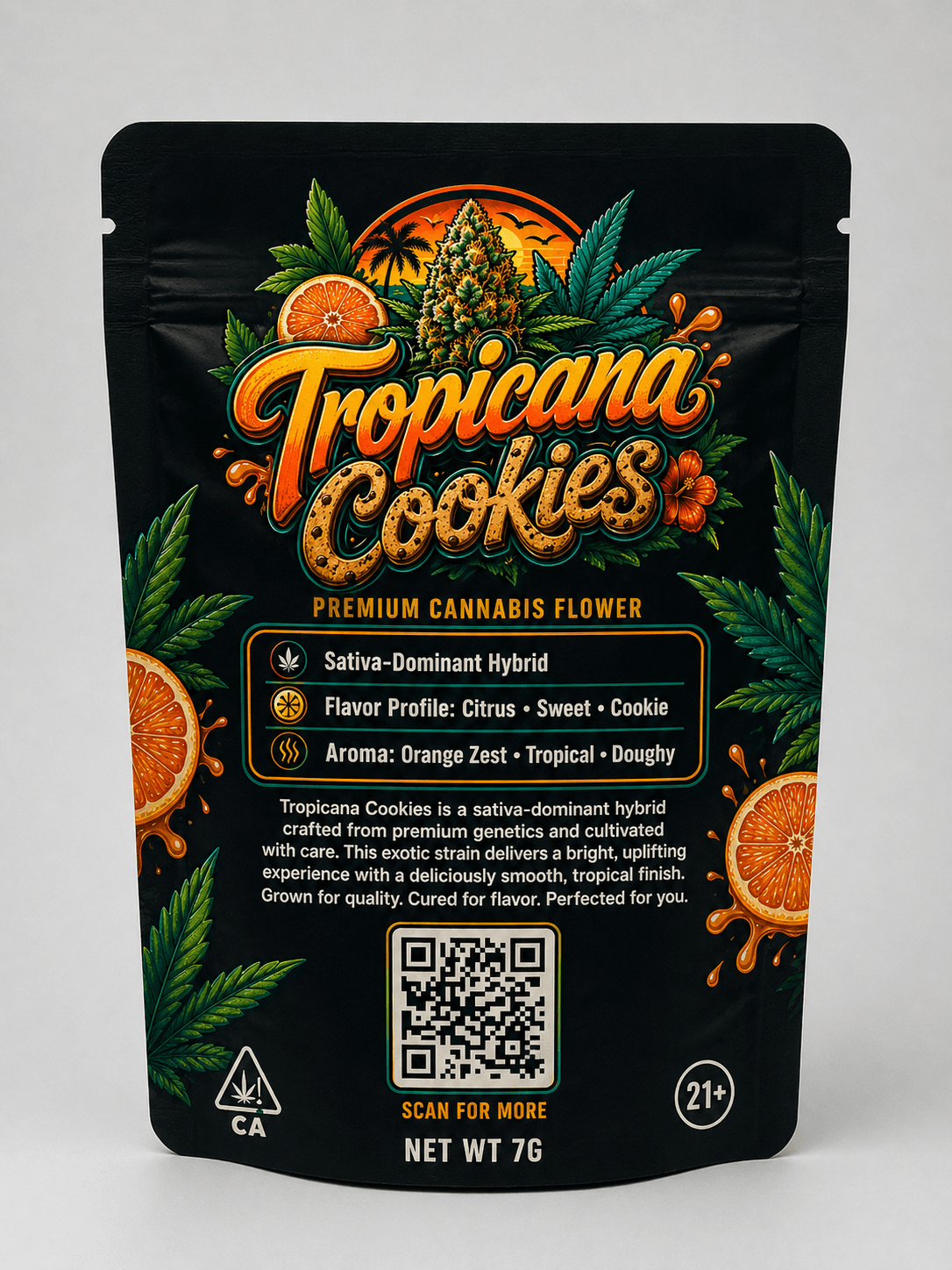 Tropicana Cookies mylar pouch — back face artwork