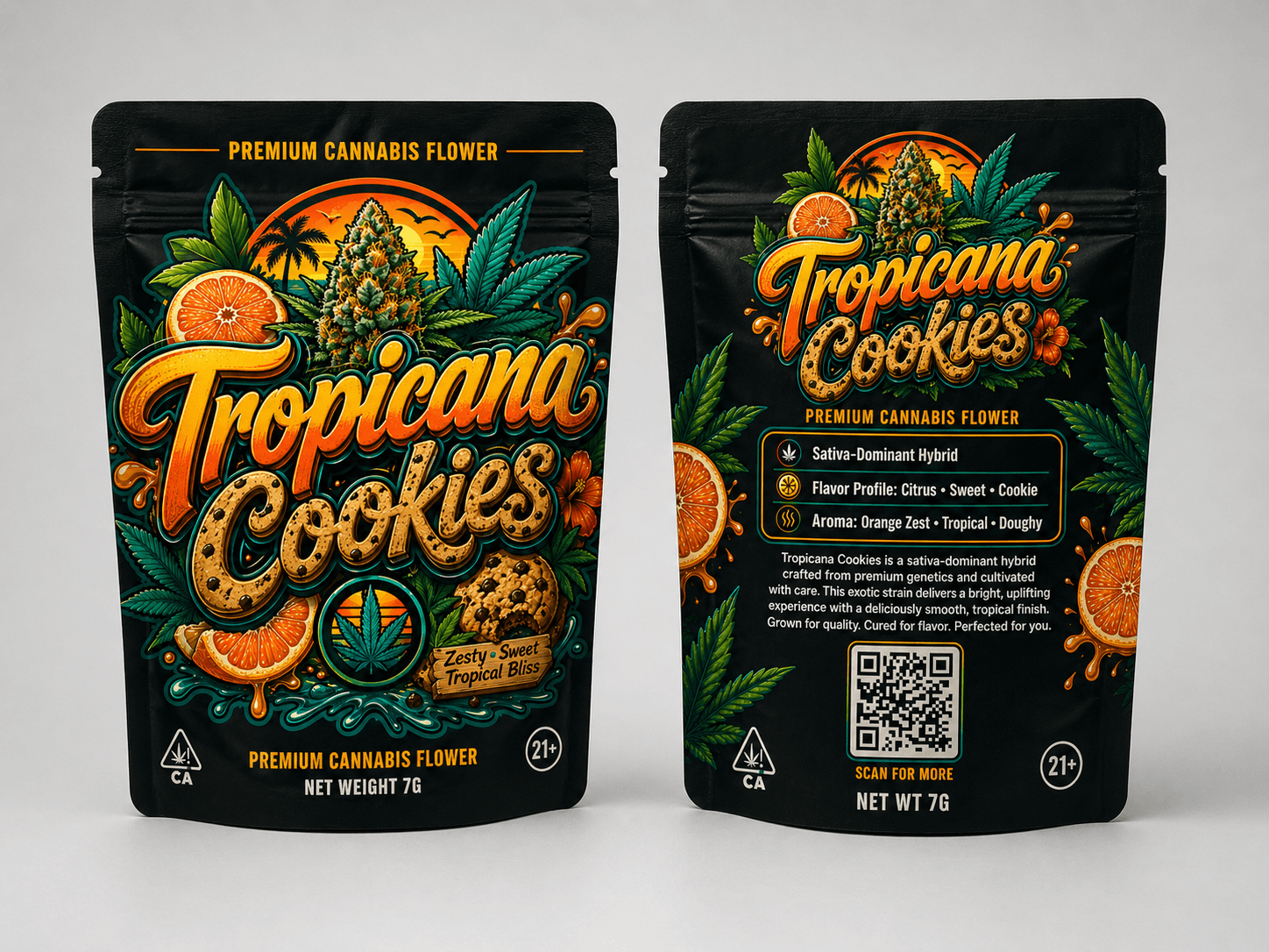 Tropicana Cookies mylar pouch — front and back layout